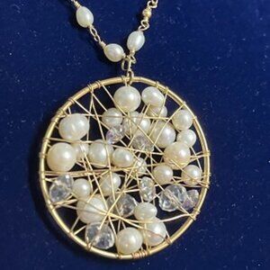 NWT Handmade Pearl and Gold Jewelry Wire 18K Plated Craft Necklace BY ME